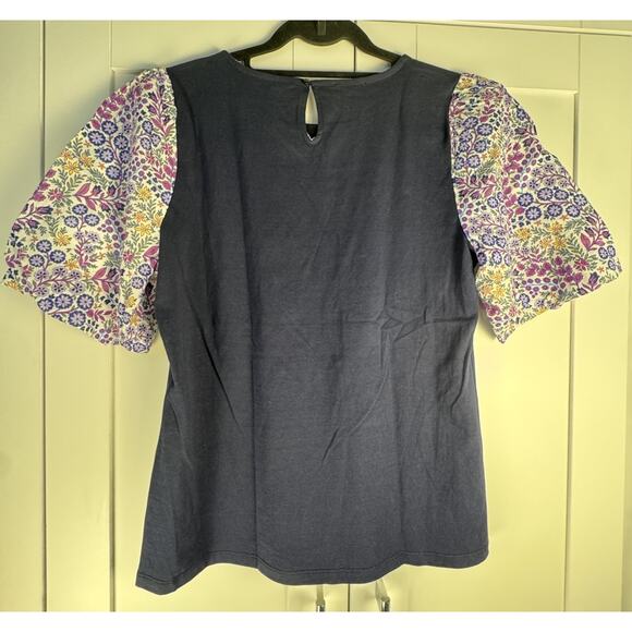 Talbots Puff Sleeve Floral Knit Blouse Navy Button PM Petites - Picture 4 of 4
